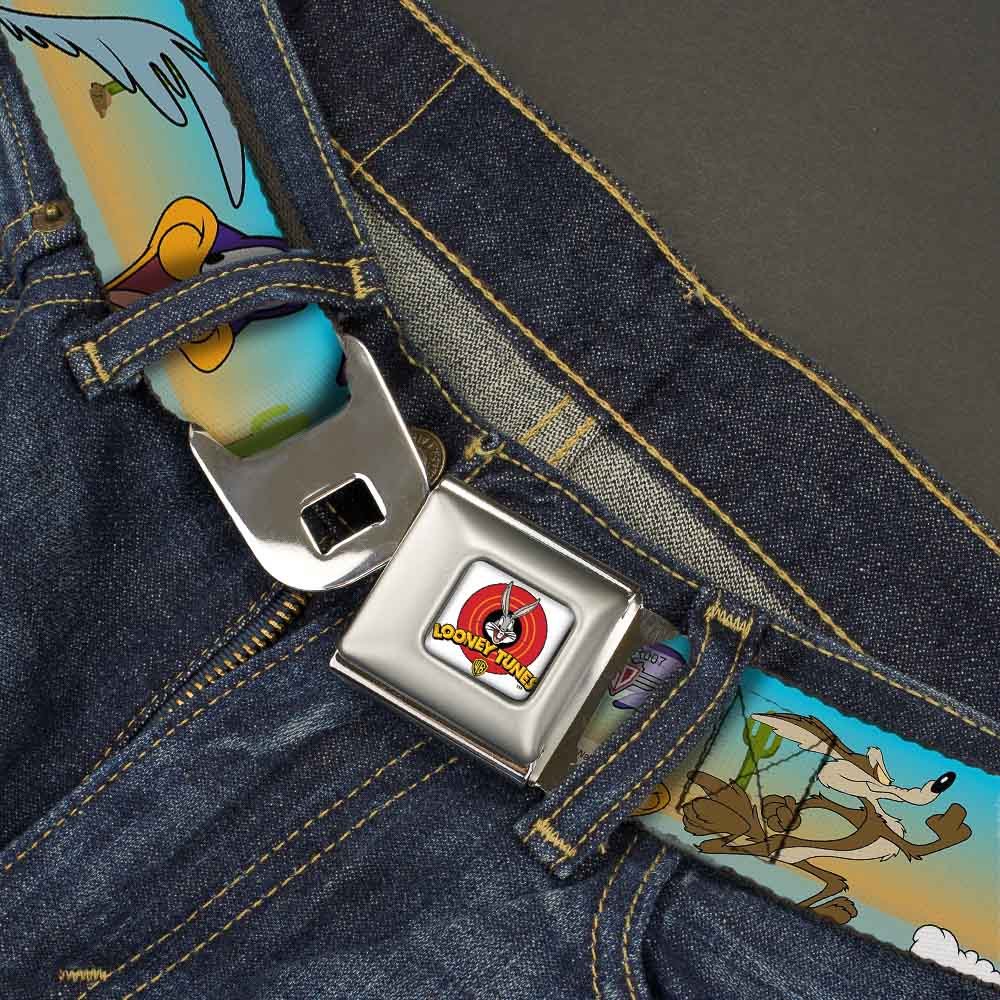 Looney Tunes Logo Full Color White Seatbelt Belt - Road Runner/Wile E. Coyote Scene1 Desert Webbing Seatbelt Belts Looney Tunes