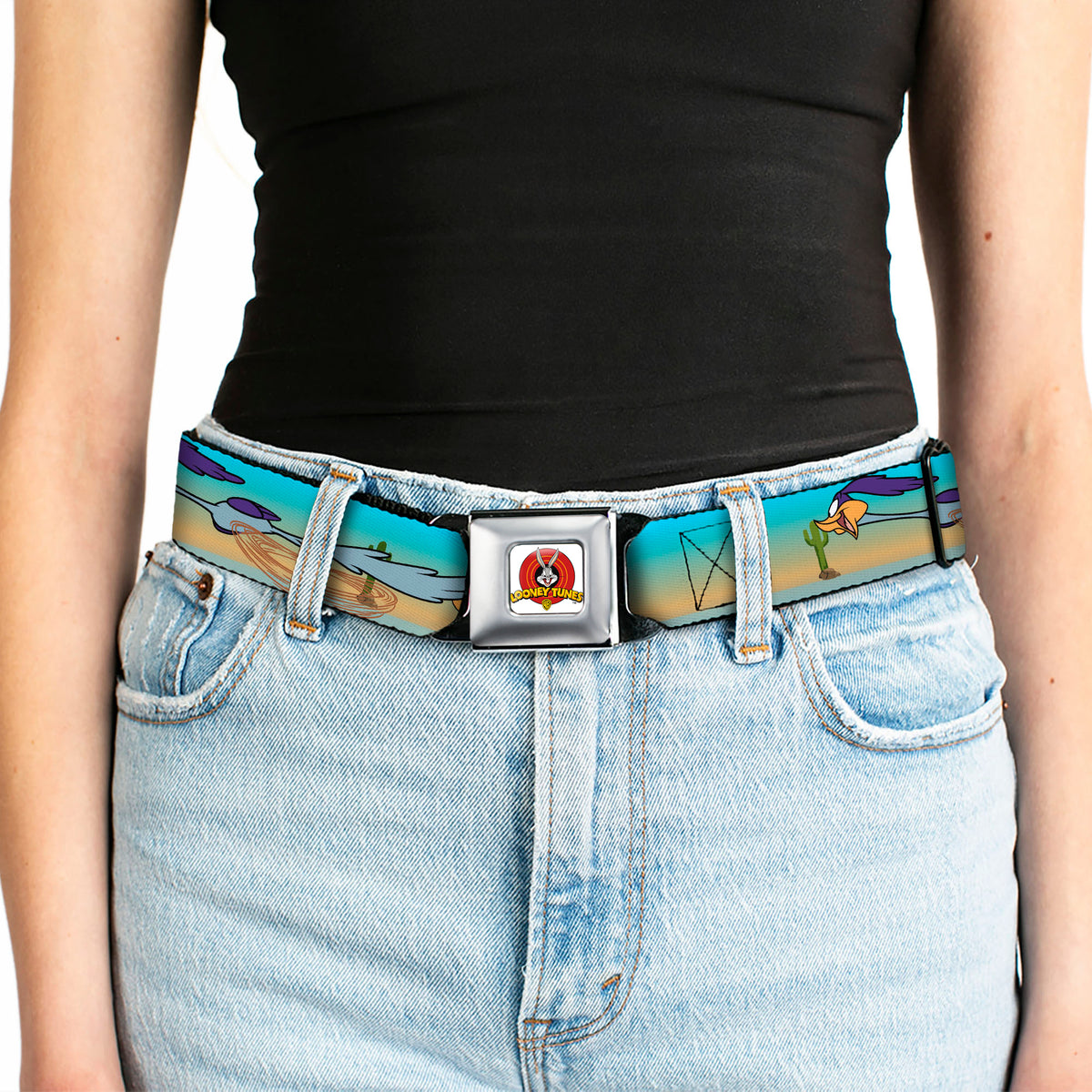 Looney Tunes Logo Full Color White Seatbelt Belt - Road Runner/Wile E. Coyote Scene1 Desert Webbing Seatbelt Belts Looney Tunes