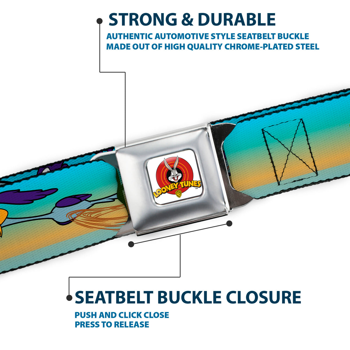 Looney Tunes Logo Full Color White Seatbelt Belt - Road Runner/Wile E. Coyote Scene1 Desert Webbing Seatbelt Belts Looney Tunes