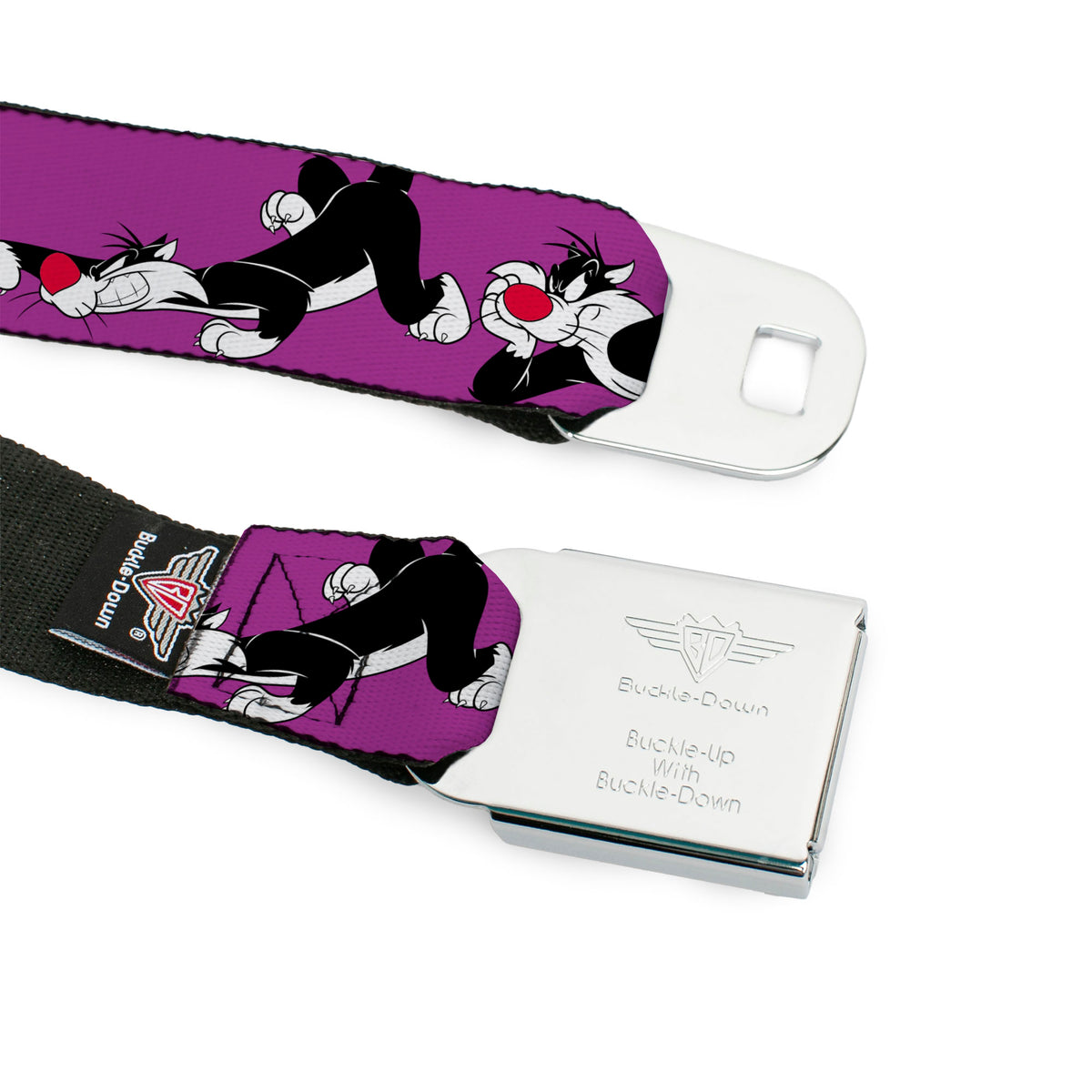 Looney Tunes Logo Full Color White Seatbelt Belt - Sylvester the Cat Poses Purple Webbing Seatbelt Belts Looney Tunes