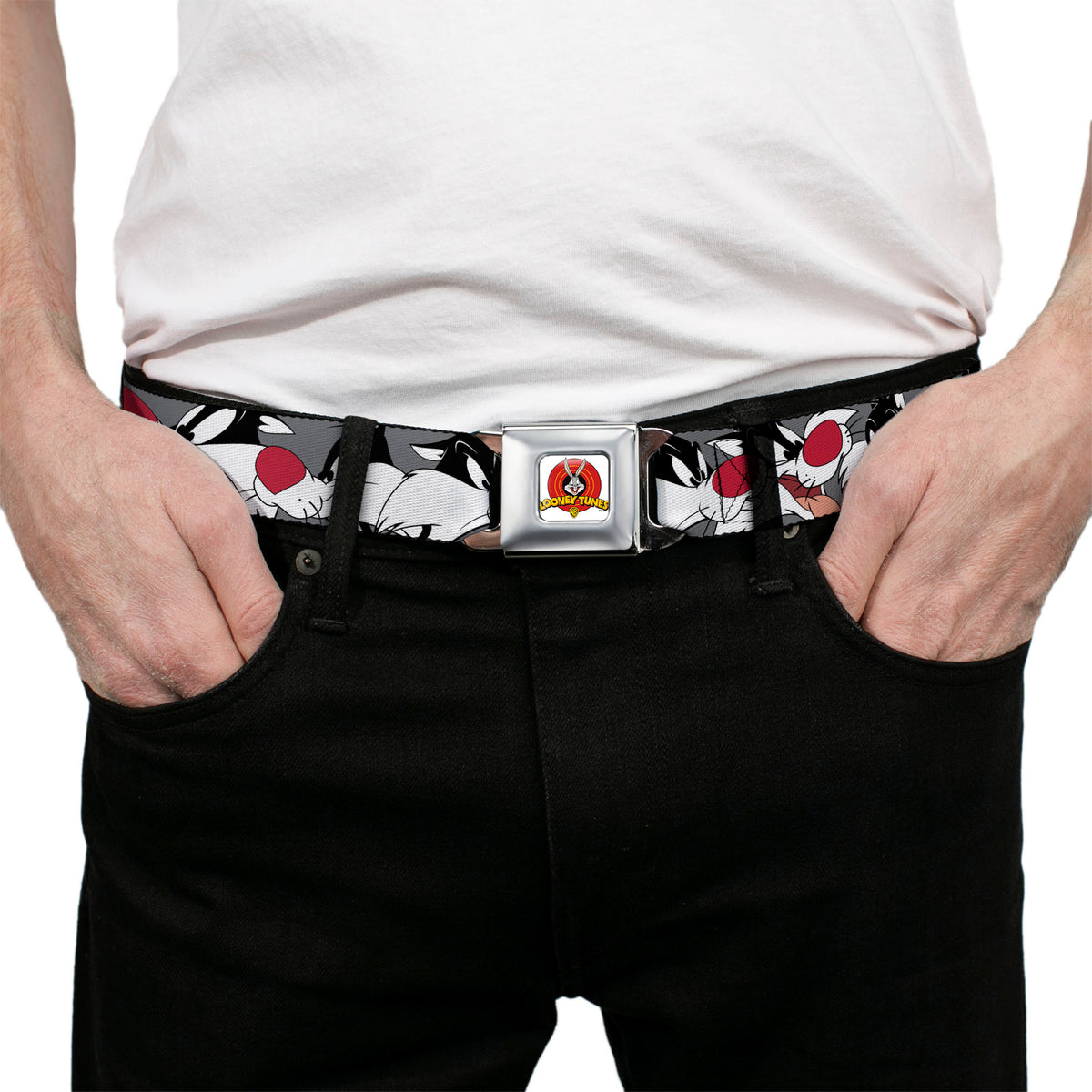 Looney Tunes Logo Full Color White Seatbelt Belt - Sylvester the Cat Expressions Gray Webbing Seatbelt Belts Looney Tunes