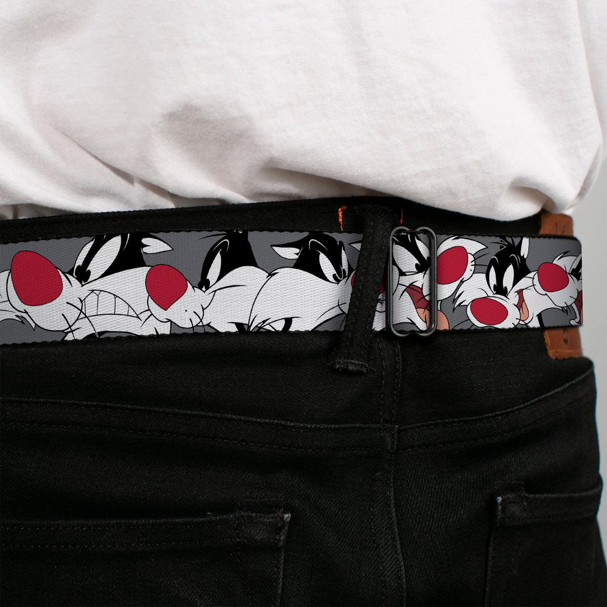 Looney Tunes Logo Full Color White Seatbelt Belt - Sylvester the Cat Expressions Gray Webbing Seatbelt Belts Looney Tunes