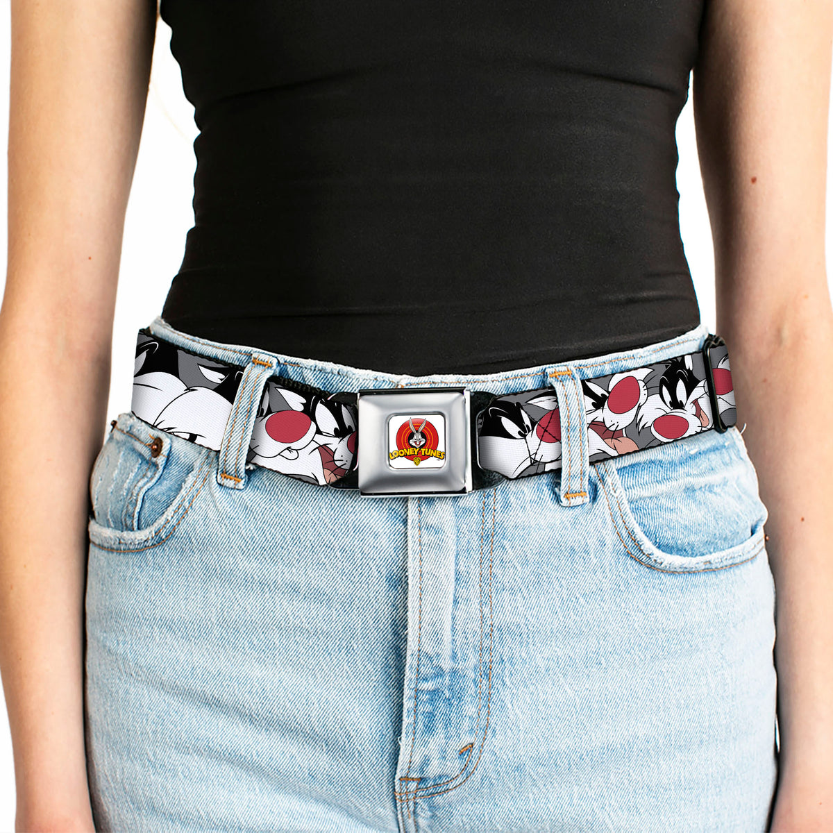Looney Tunes Logo Full Color White Seatbelt Belt - Sylvester the Cat Expressions Gray Webbing Seatbelt Belts Looney Tunes
