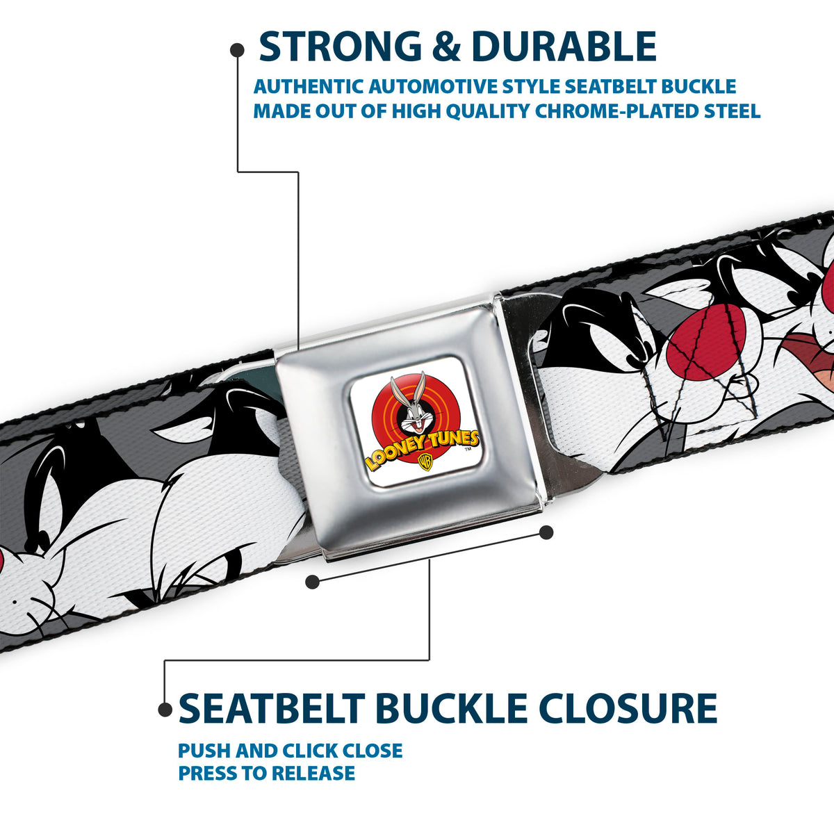Looney Tunes Logo Full Color White Seatbelt Belt - Sylvester the Cat Expressions Gray Webbing Seatbelt Belts Looney Tunes