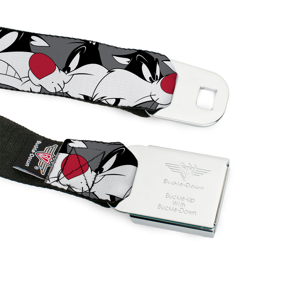 Looney Tunes Logo Full Color White Seatbelt Belt - Sylvester the Cat Expressions Gray Webbing Seatbelt Belts Looney Tunes