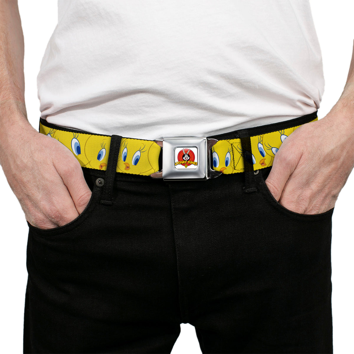 Looney Tunes Logo Full Color White Seatbelt Belt - Tweety Bird Expressions Yellow Webbing Seatbelt Belts Looney Tunes