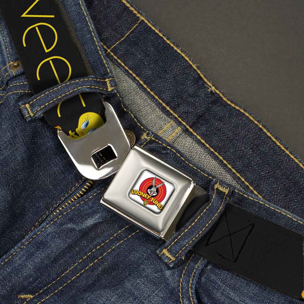 Looney Tunes Logo Full Color White Seatbelt Belt - Tweety Bird Poses CUTE AND SWEET Black/Yellow Webbing Seatbelt Belts Looney Tunes