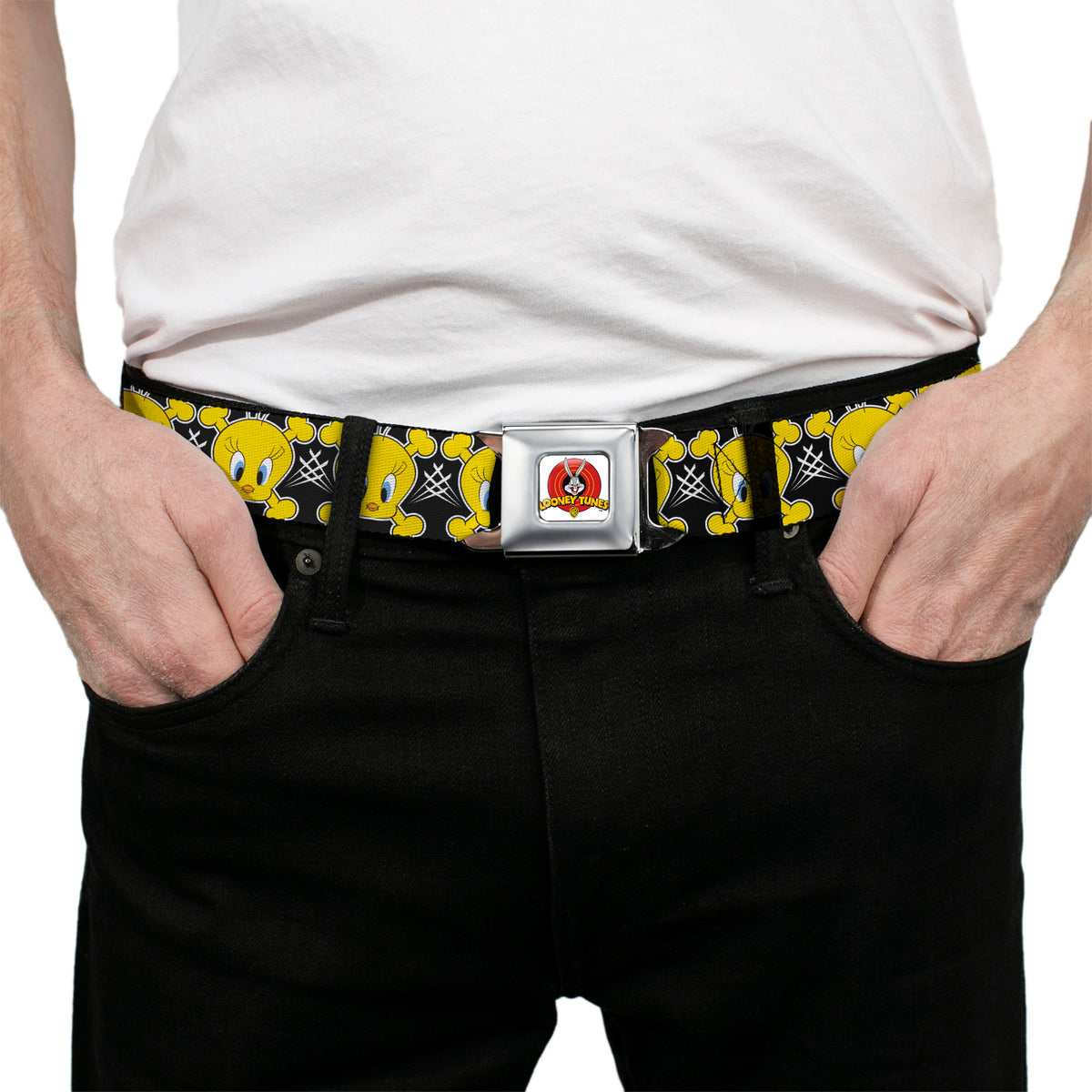 Looney Tunes Logo Full Color White Seatbelt Belt - Tweety Bird & Crossbones Black/White/Yellow Webbing Seatbelt Belts Looney Tunes