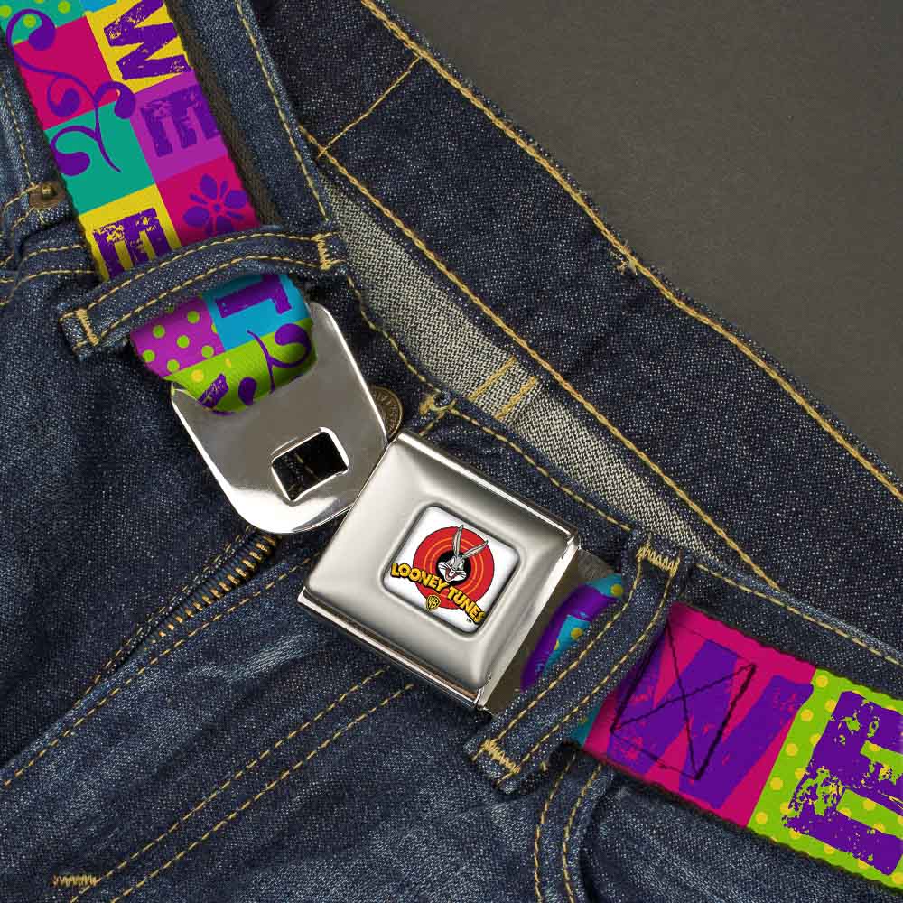 Looney Tunes Logo Full Color White Seatbelt Belt - TWEETY Letter Blocks Polka Dot Multi Color Webbing Seatbelt Belts Looney Tunes