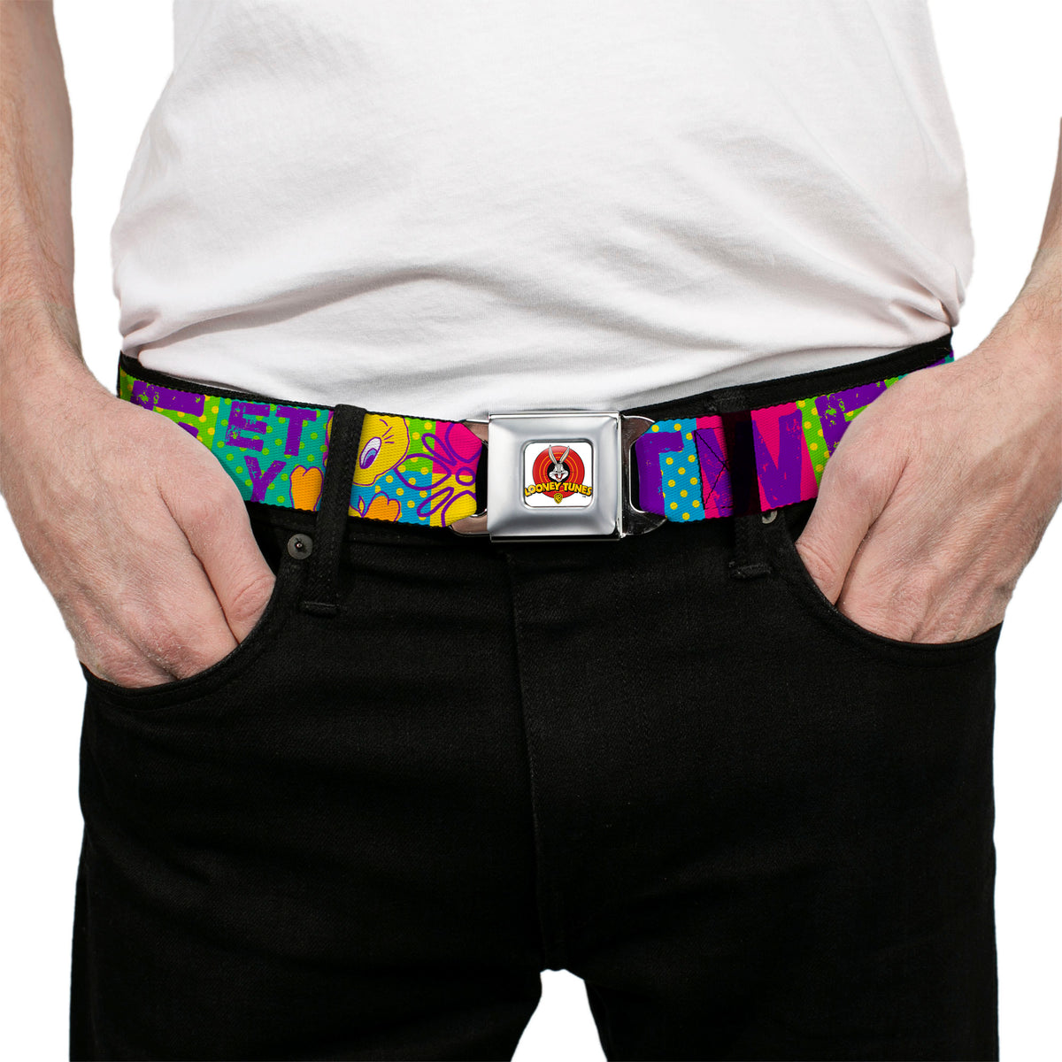 Looney Tunes Logo Full Color White Seatbelt Belt - TWEETY Letter Blocks Polka Dot Multi Color Webbing Seatbelt Belts Looney Tunes