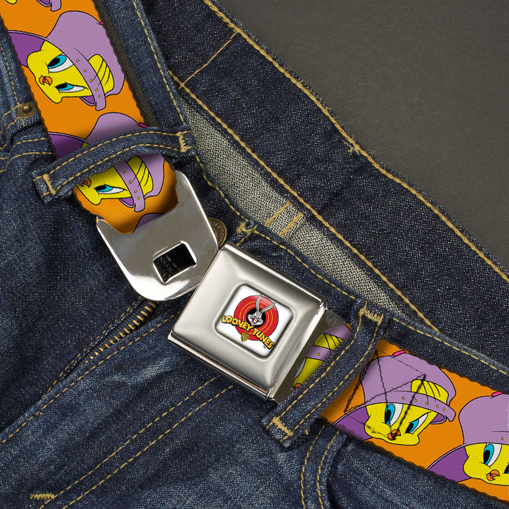 Looney Tunes Logo Full Color White Seatbelt Belt - Tweety Bird Hip Hop Expression Orange Webbing Seatbelt Belts Looney Tunes