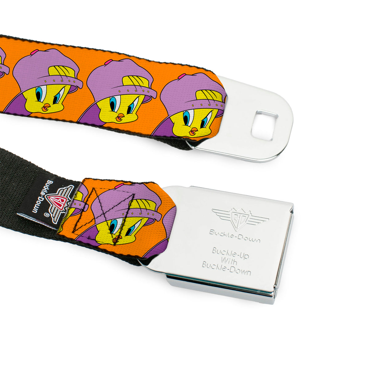Looney Tunes Logo Full Color White Seatbelt Belt - Tweety Bird Hip Hop Expression Orange Webbing Seatbelt Belts Looney Tunes