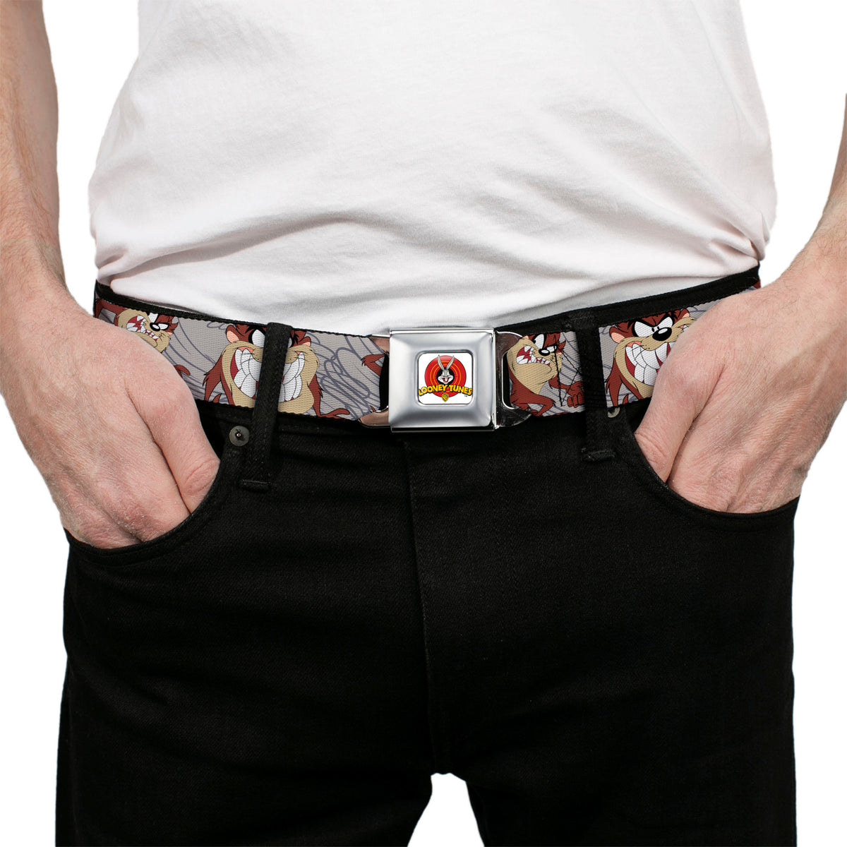 Looney Tunes Logo Full Color White Seatbelt Belt - Tasmanian Devil Expressions Gray Swirl Webbing Seatbelt Belts Looney Tunes
