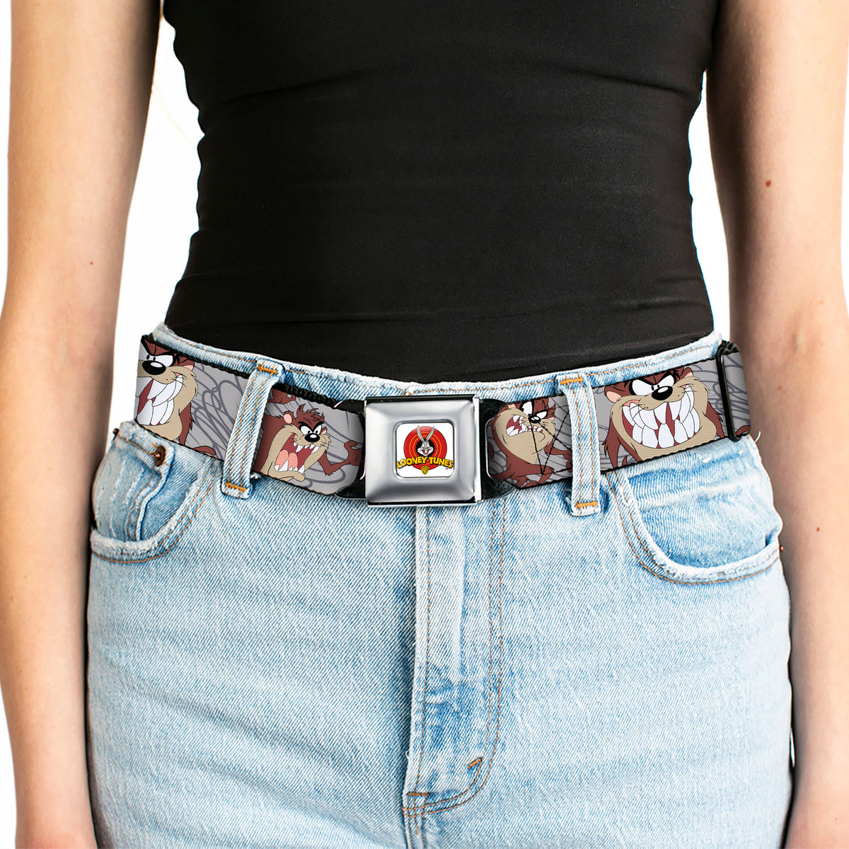 Looney Tunes Logo Full Color White Seatbelt Belt - Tasmanian Devil Expressions Gray Swirl Webbing Seatbelt Belts Looney Tunes