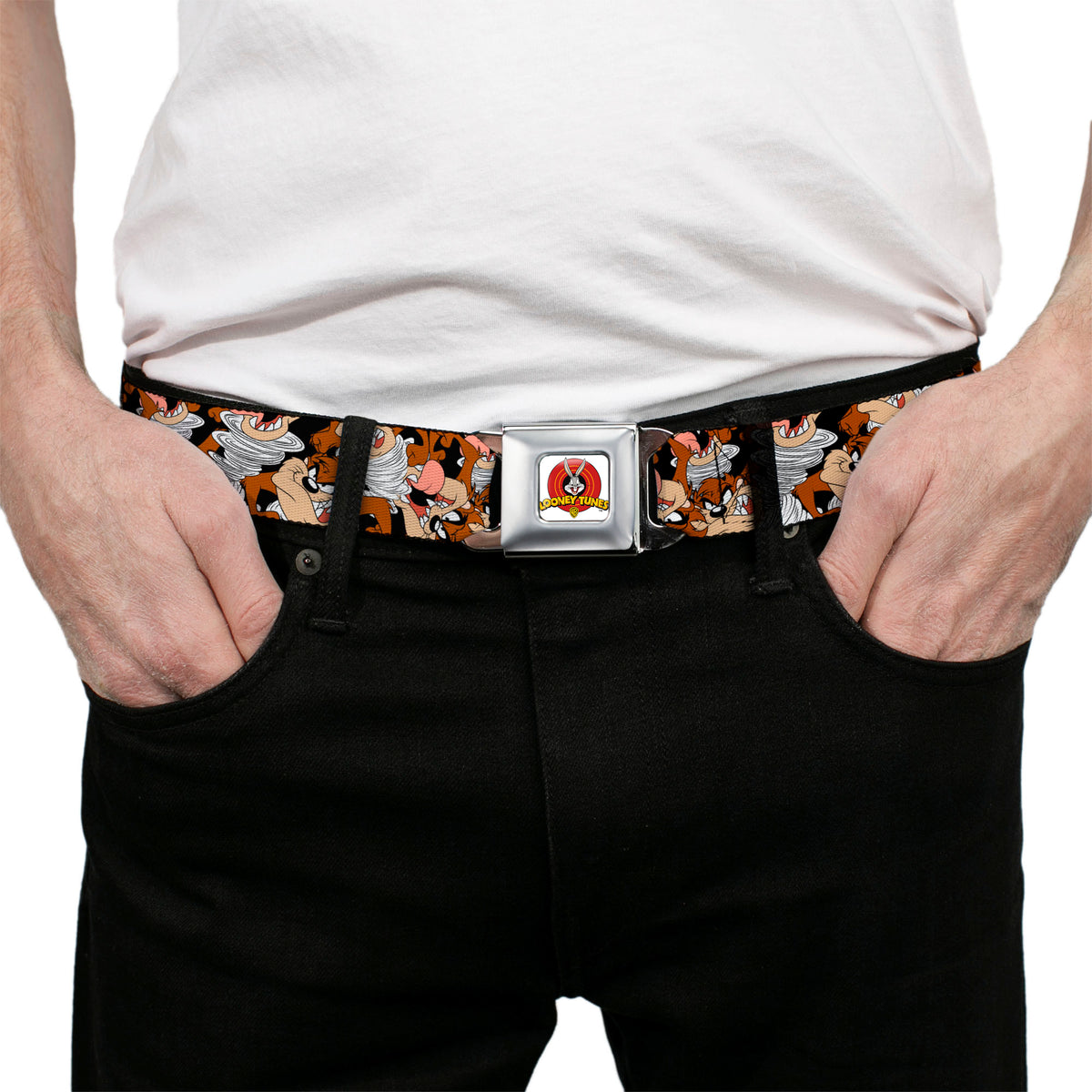 Looney Tunes Logo Full Color White Seatbelt Belt - Tasmanian Devil Vortex Poses Stacked Black Webbing Seatbelt Belts Looney Tunes