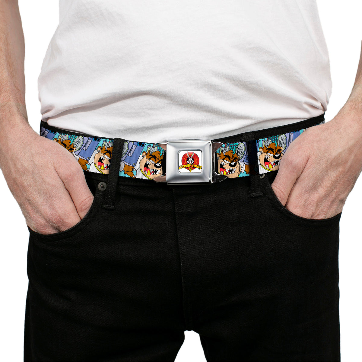 Looney Tunes Logo Full Color White Seatbelt Belt - Tasmanian Devil Boom Box Pose Baby Blue Webbing Seatbelt Belts Looney Tunes