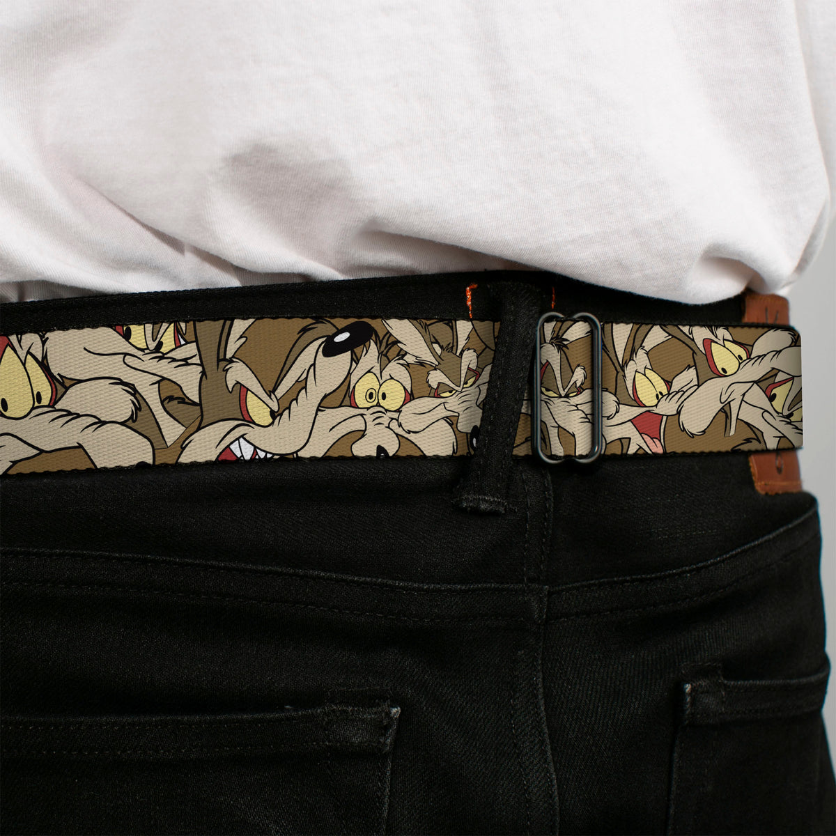 Looney Tunes Logo Full Color White Seatbelt Belt - Wile E. Coyote Expressions Stacked Webbing Seatbelt Belts Looney Tunes