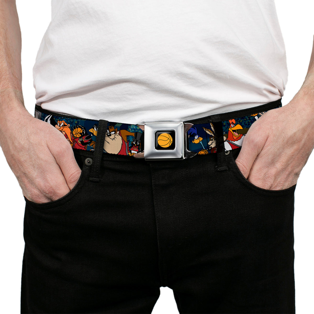 Looney Tunes Basketball Full Color Black Seatbelt Belt - Looney Tunes Basketball 11-Players/2-Referees Group Pose Blues Webbing Seatbelt Belts Looney Tunes