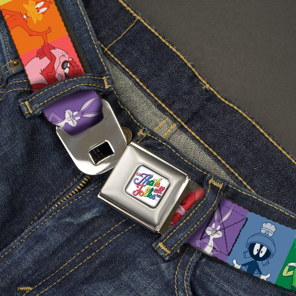Looney Tunes THAT'S ALL FOLKS Script Full Color White/Multi Color Seatbelt Belt - Looney Tunes 6-Character Pose Pride Blocks Multi Color Webbing Seatbelt Belts Looney Tunes