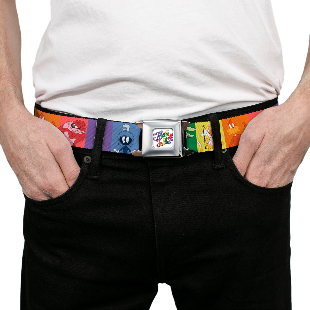 Looney Tunes THAT'S ALL FOLKS Script Full Color White/Multi Color Seatbelt Belt - Looney Tunes 6-Character Pose Pride Blocks Multi Color Webbing Seatbelt Belts Looney Tunes