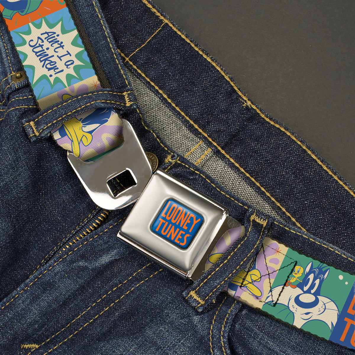 LOONEY TUNES Text Full Color Blue/Orange Seatbelt Belt - LOONEY TUNES Character Pose Block and Icon Blocks Multi Pastel Webbing Seatbelt Belts Looney Tunes