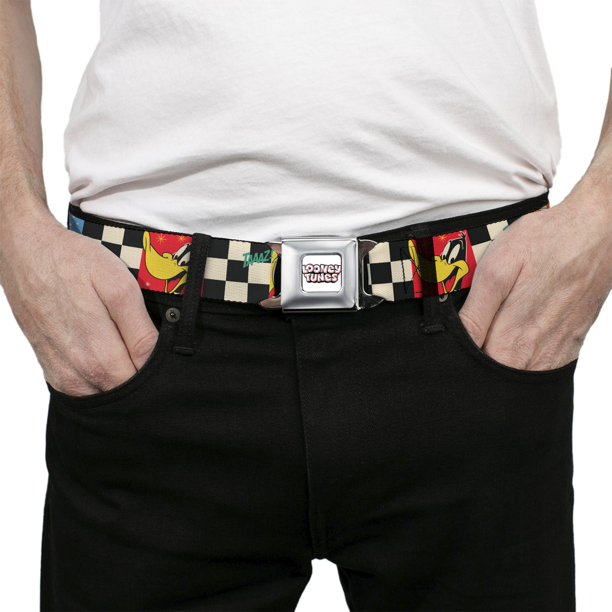 LOONEY TUNES Title Text Logo Full Color White/Black/Red Seatbelt Belt - Looney Tunes Checker Pose Blocks Black/White/Multi Color Webbing Seatbelt Belts Looney Tunes