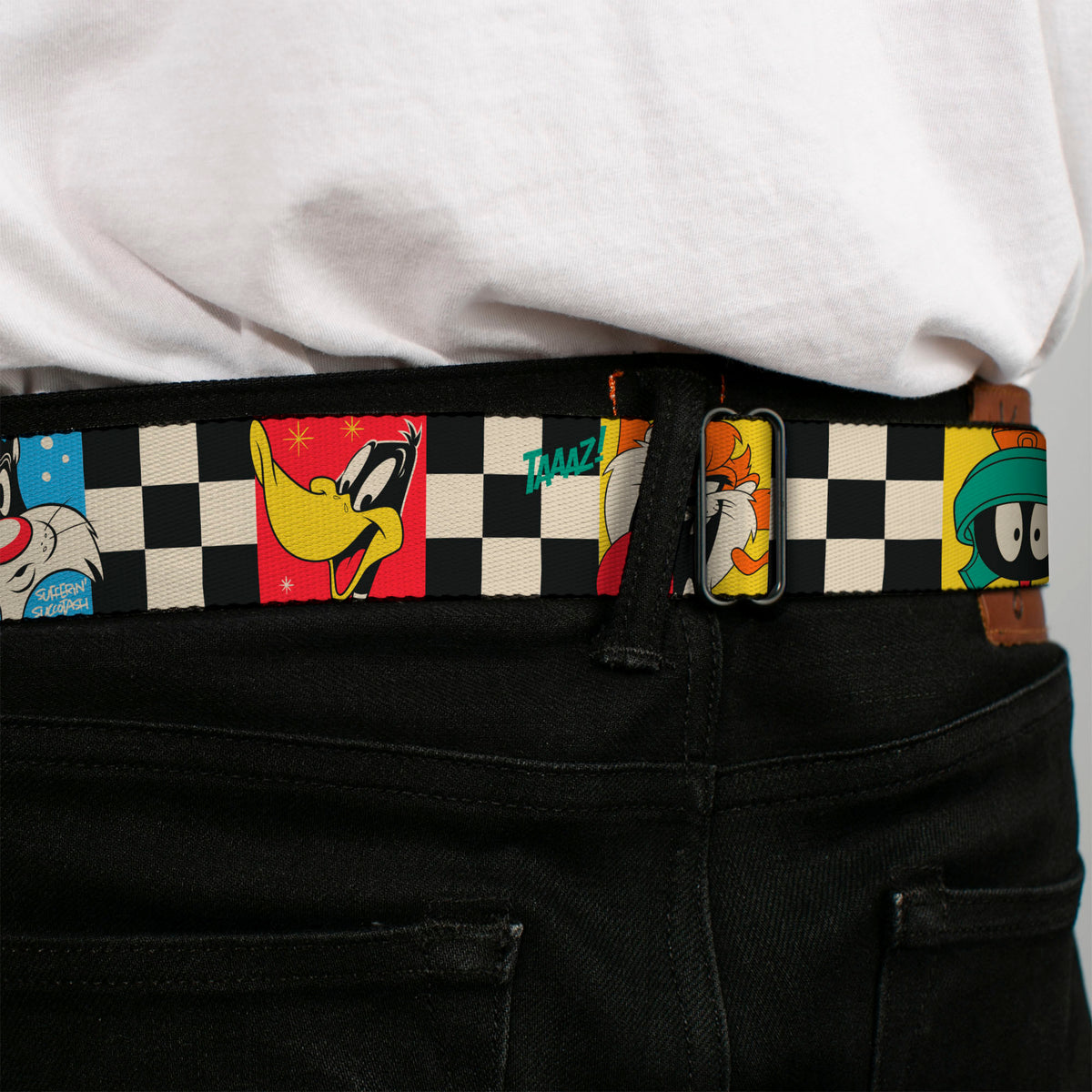 LOONEY TUNES Title Text Logo Full Color White/Black/Red Seatbelt Belt - Looney Tunes Checker Pose Blocks Black/White/Multi Color Webbing Seatbelt Belts Looney Tunes