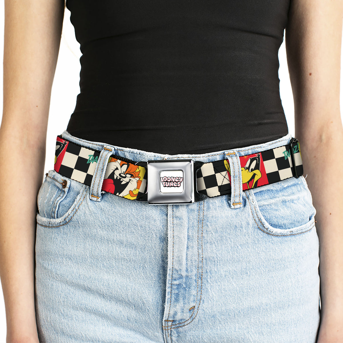 LOONEY TUNES Title Text Logo Full Color White/Black/Red Seatbelt Belt - Looney Tunes Checker Pose Blocks Black/White/Multi Color Webbing Seatbelt Belts Looney Tunes