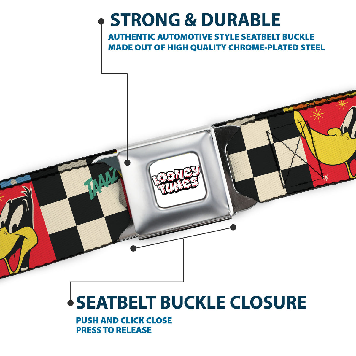 LOONEY TUNES Title Text Logo Full Color White/Black/Red Seatbelt Belt - Looney Tunes Checker Pose Blocks Black/White/Multi Color Webbing Seatbelt Belts Looney Tunes