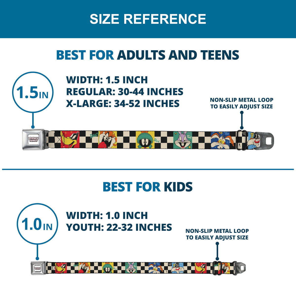 LOONEY TUNES Title Text Logo Full Color White/Black/Red Seatbelt Belt - Looney Tunes Checker Pose Blocks Black/White/Multi Color Webbing Seatbelt Belts Looney Tunes