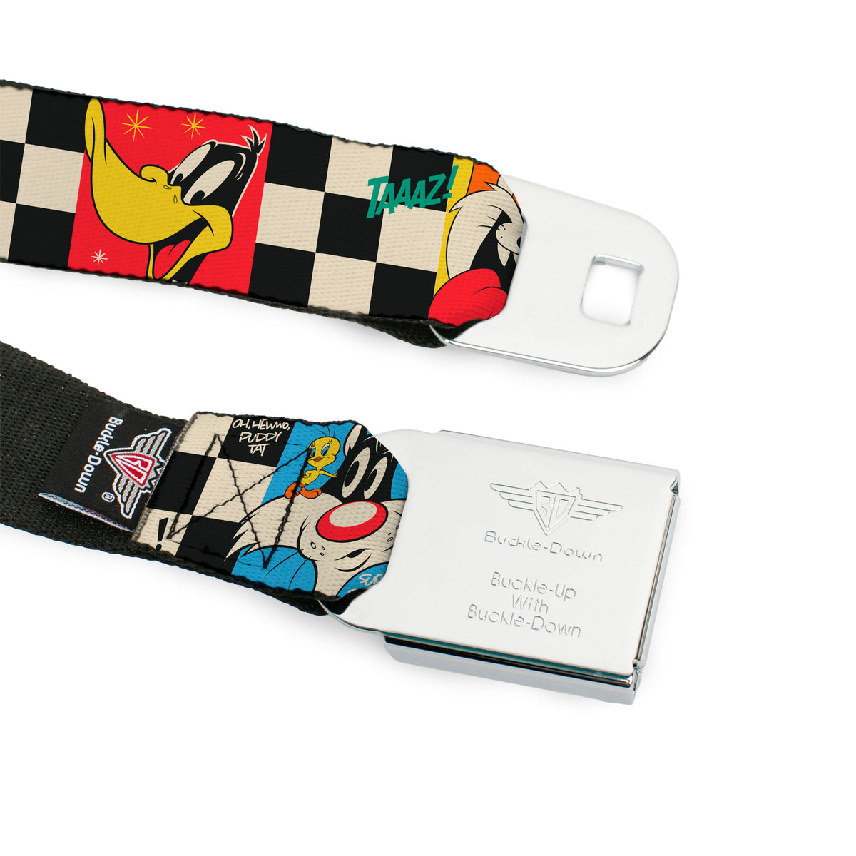LOONEY TUNES Title Text Logo Full Color White/Black/Red Seatbelt Belt - Looney Tunes Checker Pose Blocks Black/White/Multi Color Webbing Seatbelt Belts Looney Tunes