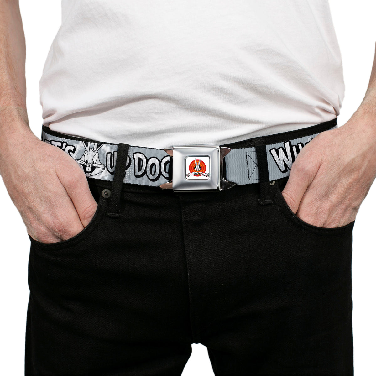 LOONEY TUNES Bullseye Title Logo Full Color White Seatbelt Belt - Bugs Bunny WHAT'S UP DOC? Pose and Text Grays Webbing Seatbelt Belts Looney Tunes