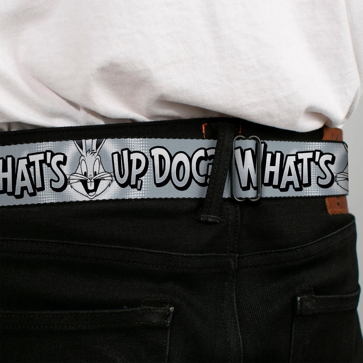 LOONEY TUNES Bullseye Title Logo Full Color White Seatbelt Belt - Bugs Bunny WHAT'S UP DOC? Pose and Text Grays Webbing Seatbelt Belts Looney Tunes