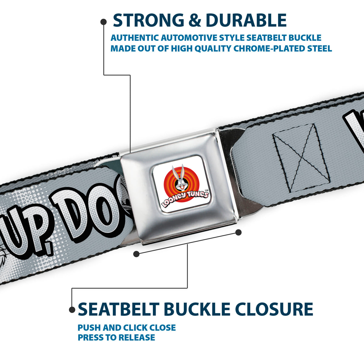 LOONEY TUNES Bullseye Title Logo Full Color White Seatbelt Belt - Bugs Bunny WHAT'S UP DOC? Pose and Text Grays Webbing Seatbelt Belts Looney Tunes