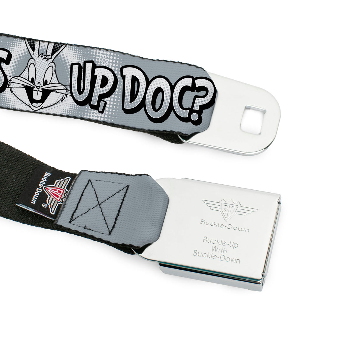 LOONEY TUNES Bullseye Title Logo Full Color White Seatbelt Belt - Bugs Bunny WHAT'S UP DOC? Pose and Text Grays Webbing Seatbelt Belts Looney Tunes