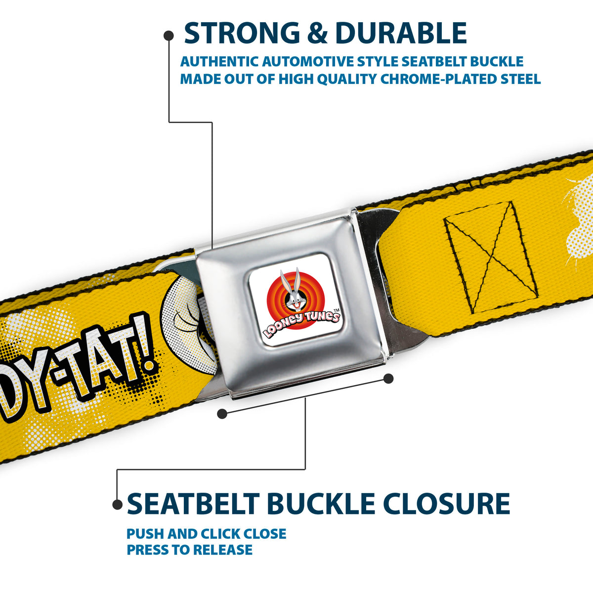 LOONEY TUNES Bullseye Title Logo Full Color White Seatbelt Belt - Looney Tunes Tweety I TAWT I TAW A PUDDY-TAT Expression Yellows Webbing Seatbelt Belts Looney Tunes
