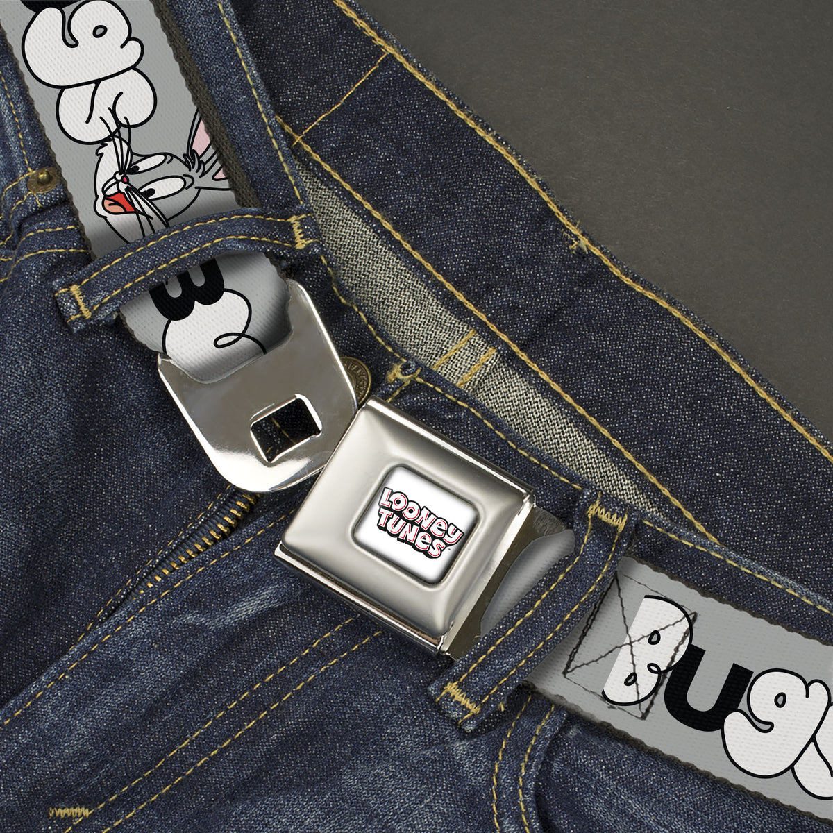 LOONEY TUNES Text Title Logo Full Color White Seatbelt Belt - BUGS BUNNY Smiling Face Text Gray Webbing Seatbelt Belts Looney Tunes