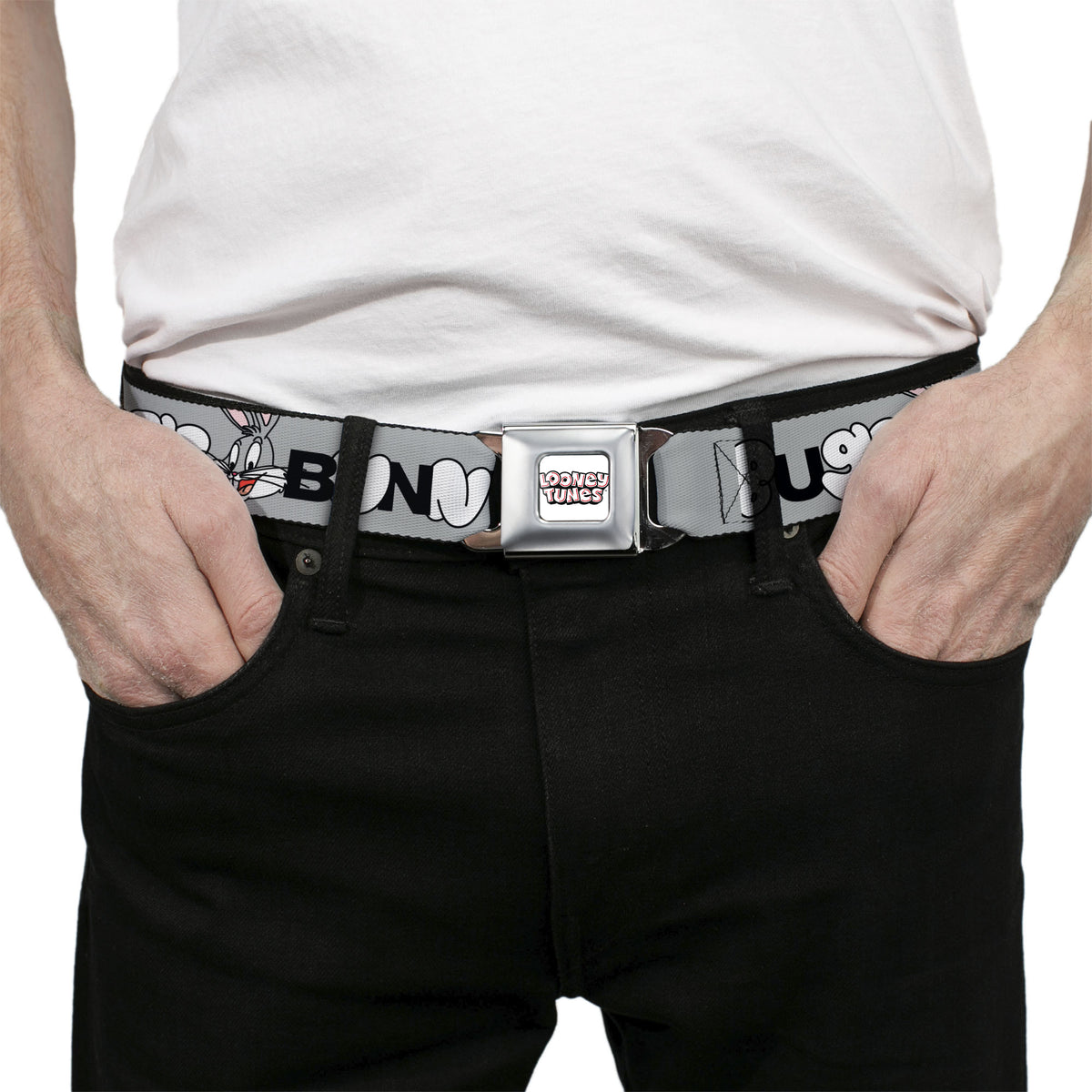 LOONEY TUNES Text Title Logo Full Color White Seatbelt Belt - BUGS BUNNY Smiling Face Text Gray Webbing Seatbelt Belts Looney Tunes