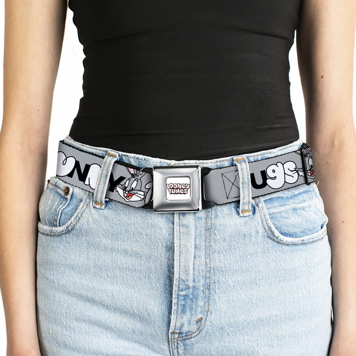 LOONEY TUNES Text Title Logo Full Color White Seatbelt Belt - BUGS BUNNY Smiling Face Text Gray Webbing Seatbelt Belts Looney Tunes