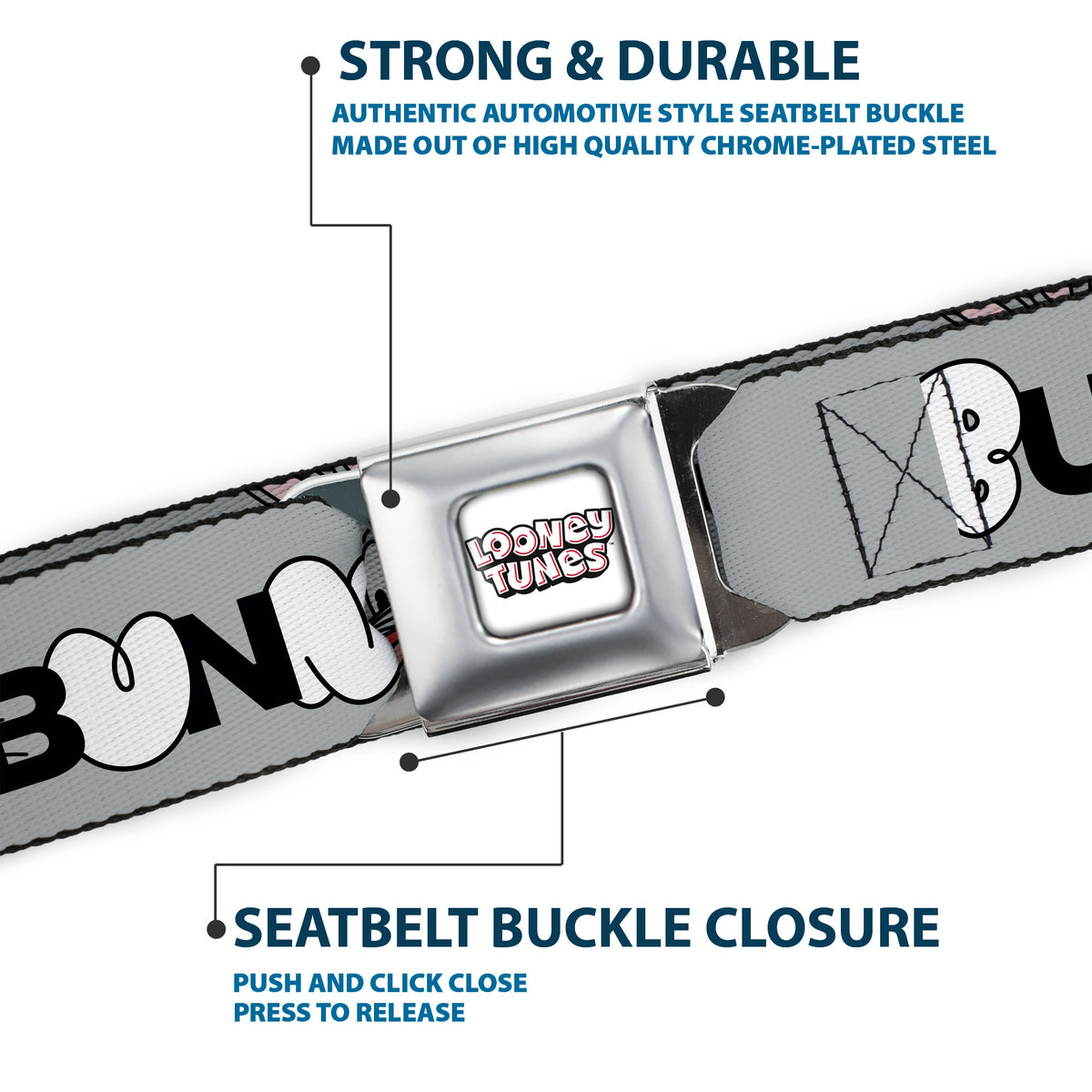 LOONEY TUNES Text Title Logo Full Color White Seatbelt Belt - BUGS BUNNY Smiling Face Text Gray Webbing Seatbelt Belts Looney Tunes