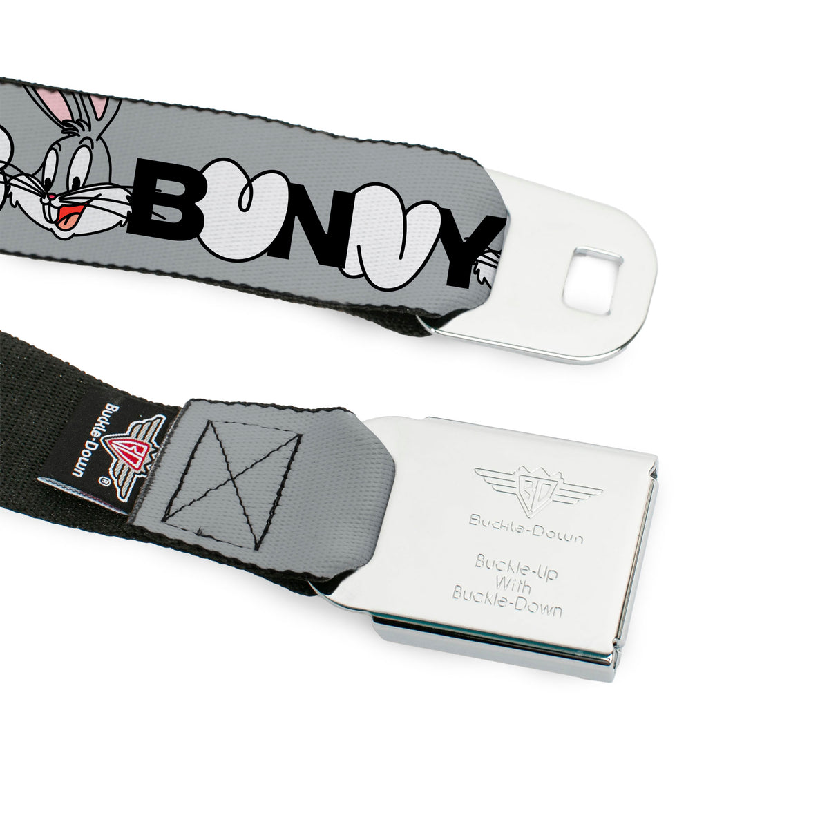 LOONEY TUNES Text Title Logo Full Color White Seatbelt Belt - BUGS BUNNY Smiling Face Text Gray Webbing Seatbelt Belts Looney Tunes