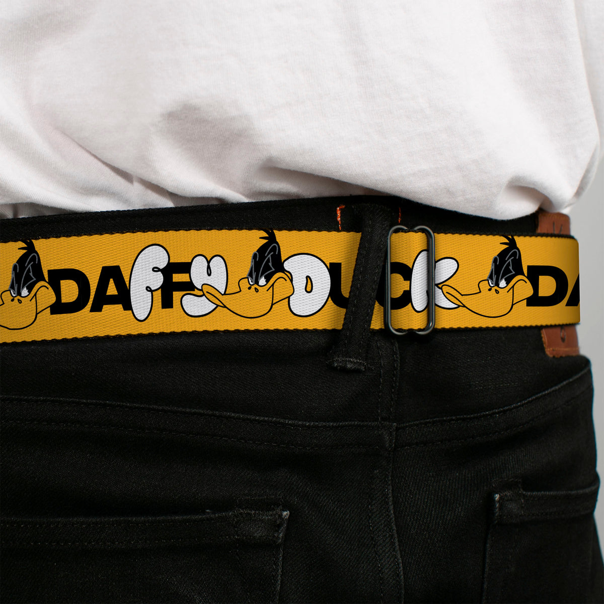 LOONEY TUNES Text Title Logo Full Color White Seatbelt Belt - DAFFY DUCK Smiling Face Text Orange Webbing Seatbelt Belts Looney Tunes