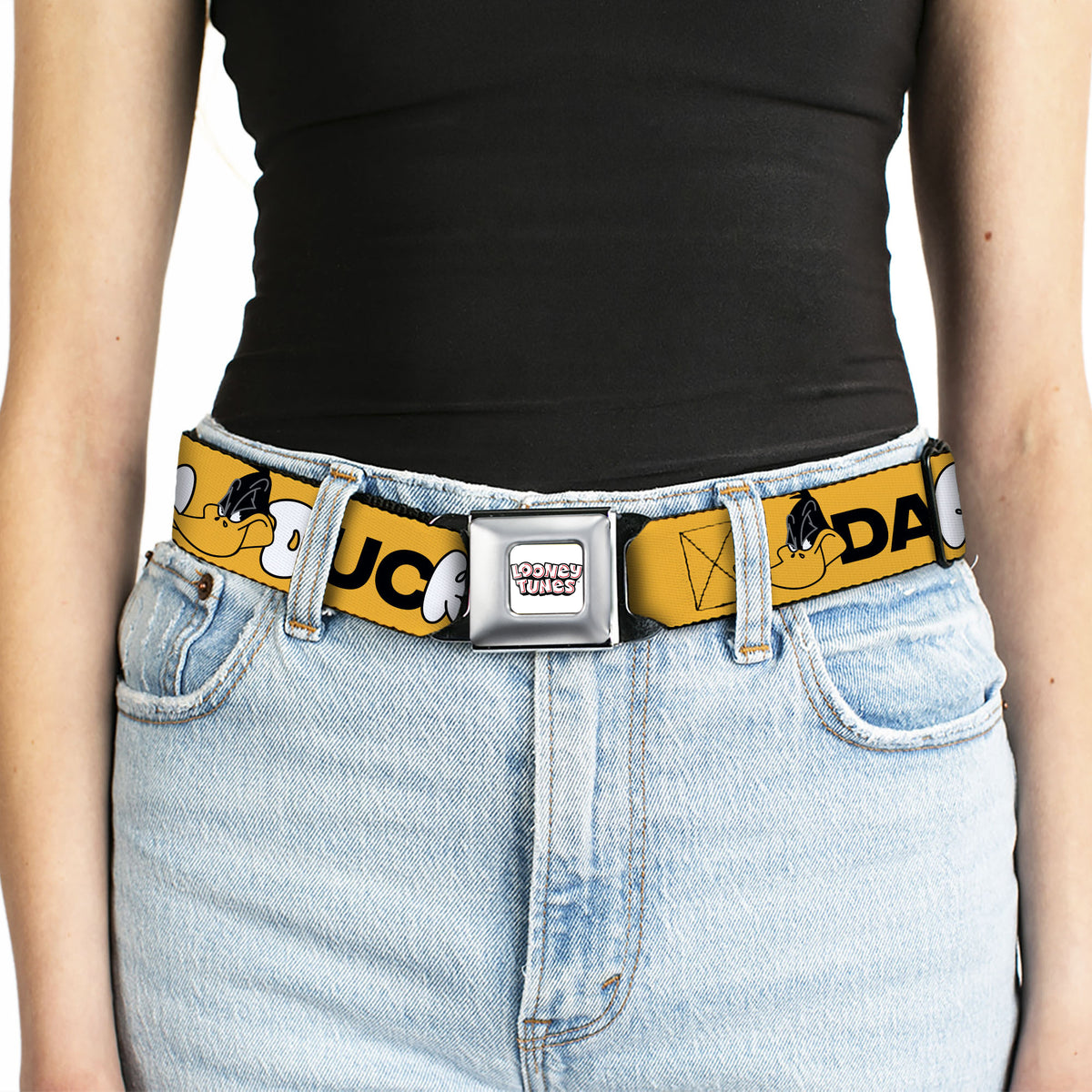 LOONEY TUNES Text Title Logo Full Color White Seatbelt Belt - DAFFY DUCK Smiling Face Text Orange Webbing Seatbelt Belts Looney Tunes