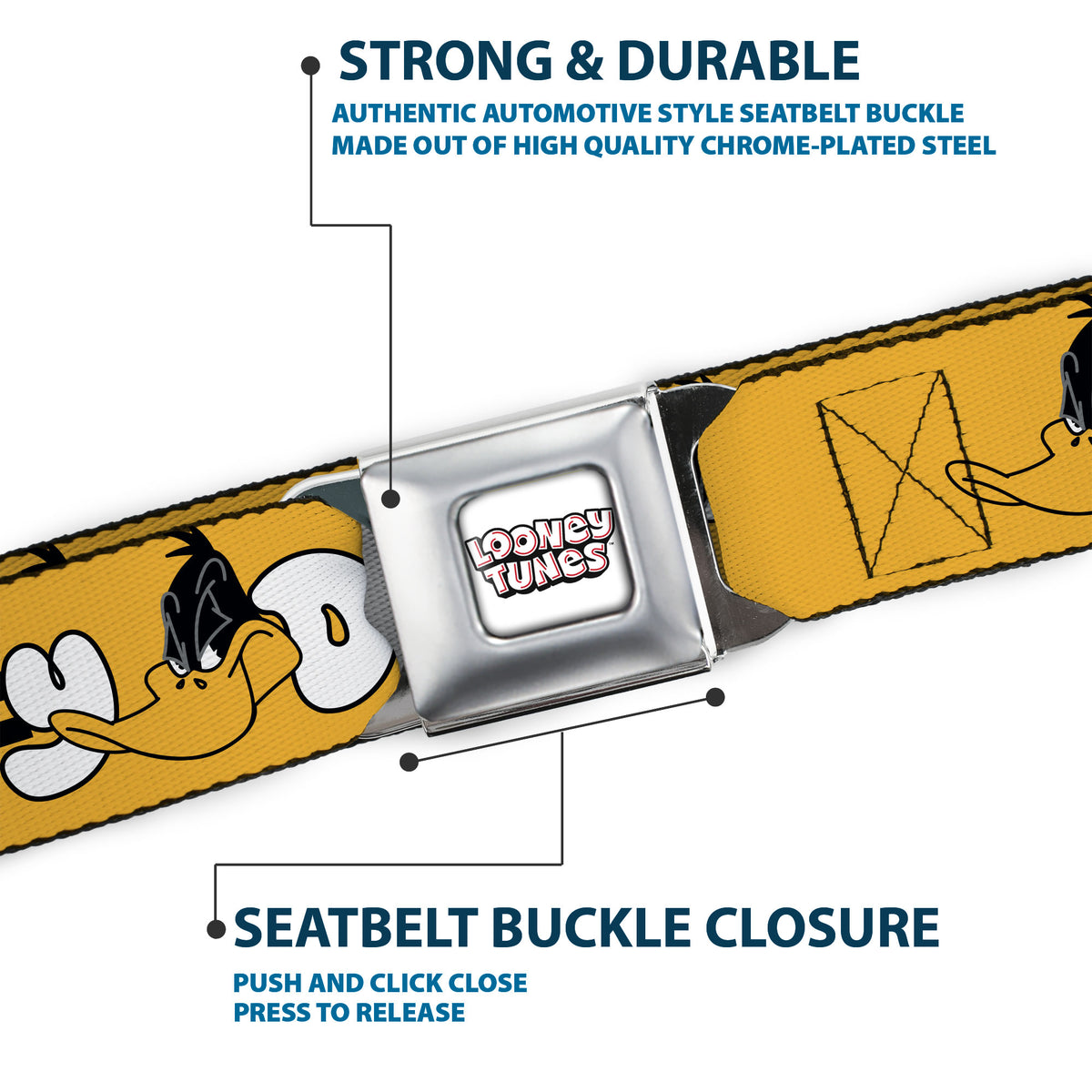 LOONEY TUNES Text Title Logo Full Color White Seatbelt Belt - DAFFY DUCK Smiling Face Text Orange Webbing Seatbelt Belts Looney Tunes