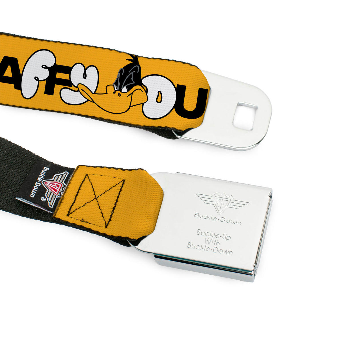LOONEY TUNES Text Title Logo Full Color White Seatbelt Belt - DAFFY DUCK Smiling Face Text Orange Webbing Seatbelt Belts Looney Tunes