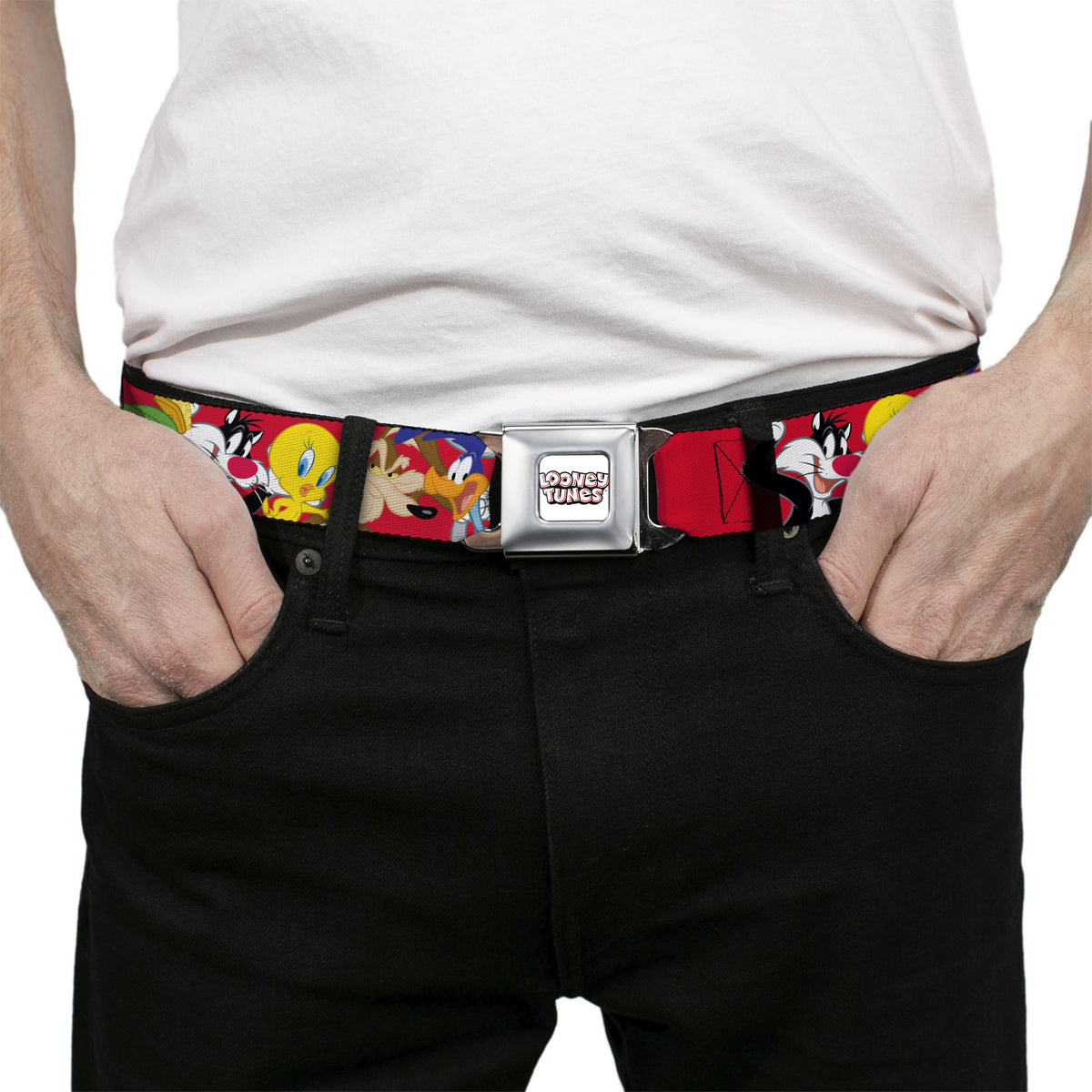 LOONEY TUNES Text Title Logo Full Color White Seatbelt Belt - Looney Tunes Eight Character Faces Red Webbing Seatbelt Belts Looney Tunes