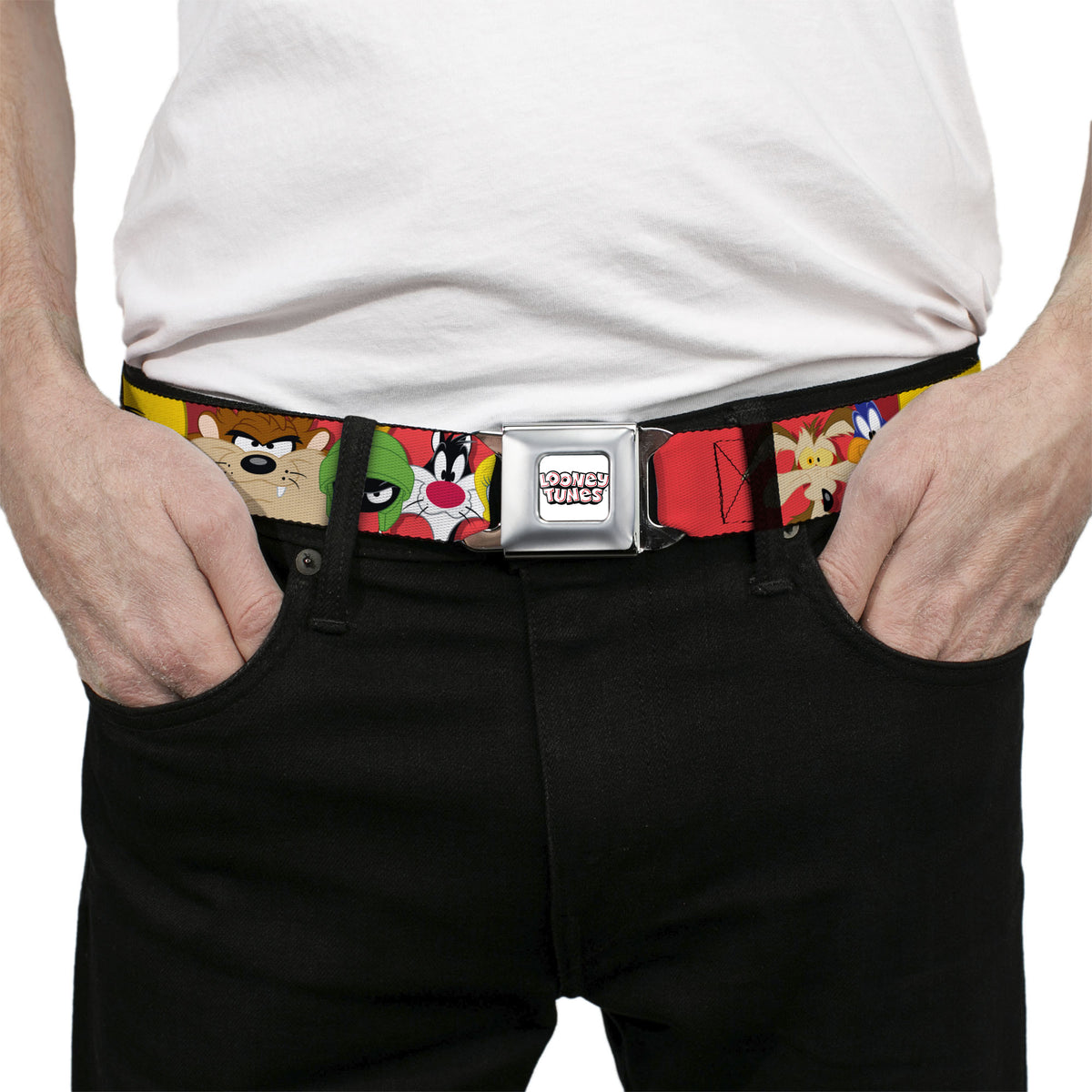 LOONEY TUNES Text Title Logo Full Color White Seatbelt Belt - Looney Tunes Twelve Character Expressions Red Webbing Seatbelt Belts Looney Tunes