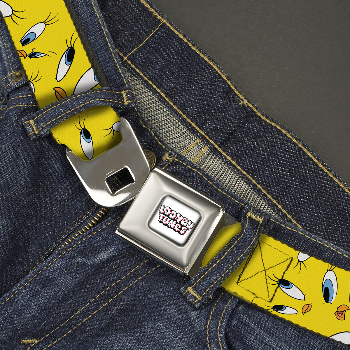 LOONEY TUNES Text Title Logo Full Color White Seatbelt Belt - Tweety Expression and Eyes Scattered Yellow Webbing Seatbelt Belts Looney Tunes