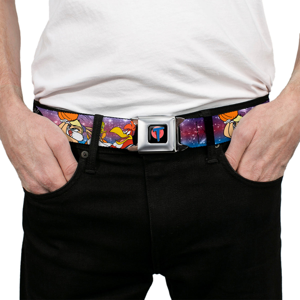 Space Jam Tune Squad Icon Full Color Black/Red/Blue Seatbelt Belt - Space Jam Tunes Squad 10-Players Group Pose Galaxy Webbing Seatbelt Belts Looney Tunes