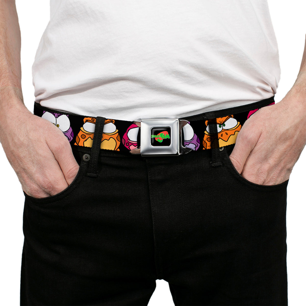 SPACE JAM Logo Full Color Black/Red/Green Seatbelt Belt - Space Jam Nerdlucks Faces CLOSE-UP Black Webbing Seatbelt Belts Looney Tunes